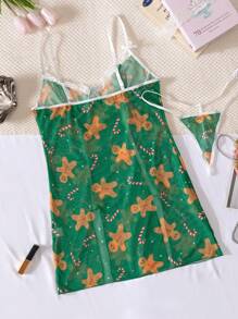 Áo ngủ nữ gợi cảm họa tiết kẹo mía hình người đàn ông bánh gừng - màu xanh lá - Xem 7