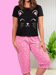 Pijama feminino Conjunto Short e Blusa Confortável Homewear Gatinha Baby Doll Verão Blogueira