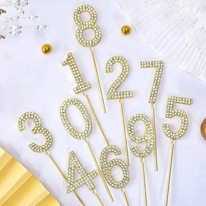1pc Alloy Rhinestone Golden Number 0-9 Cake Toppers Birthday Decoration Wedding Digital Cake Decor