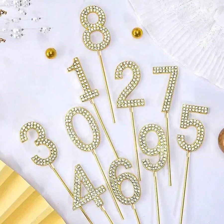1pc Alloy Rhinestone Golden Number 0-9 Cake Toppers Birthday Decoration Wedding Digital Cake Decor - Gold - View 1