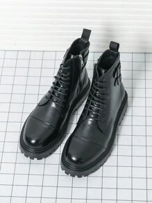 Men's Zippered High-Top Lace-Up Motorcycle Boots, Faux Leather, Chelsea Style - Black - View 7