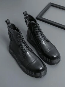 Men's Zippered High-Top Lace-Up Motorcycle Boots, Faux Leather, Chelsea Style - Black - View 3