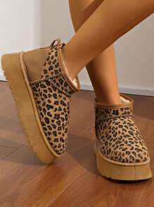 Botas de nieve con estampado de leopardo de moda, de suela gruesa y cortas para el invierno - Marrón - Ver 4
