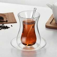 Set de 3 piezas de taza de té roja turca, taza de vidrio de 150ml con platillo y cuchara, taza de té roja transparente de doble capa, taza de té para uso doméstico - transparente - Ver 12