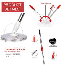 Spin Mop And Bucket With Wringer Set,360° Mop And Bucket System With 3 Microfiber Mop Refills And 61" Extended Handle For Floor Cleaning (Black) - 黑色 - 查看 3