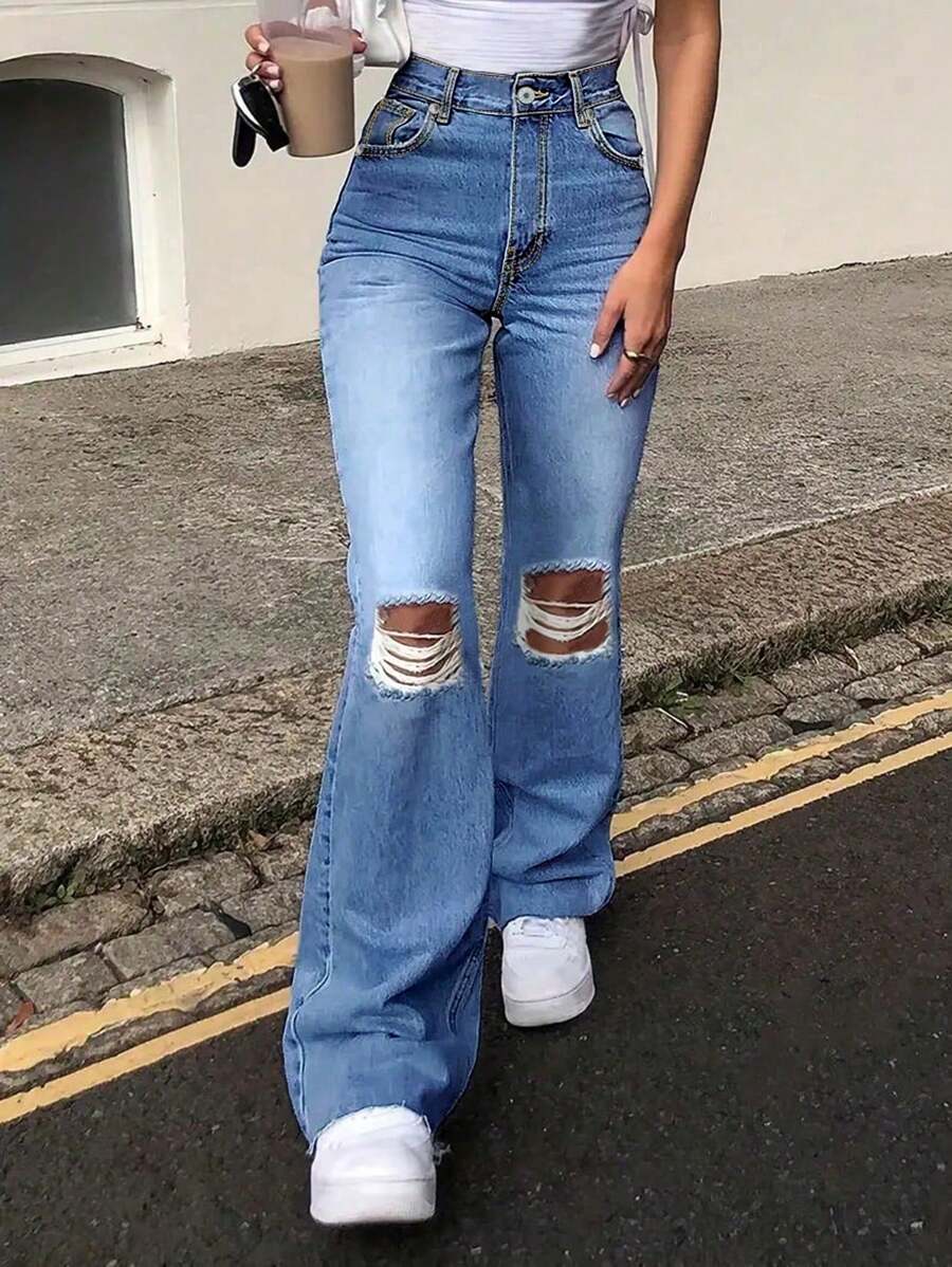 Light Blue Ripped Flare High Waisted Jeans, Casual Style - Light Wash - View 1