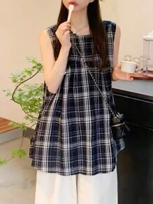 Japanese Retro Plaid Design Round Neck Sleeveless Loose Casual Shirt Blouse For Women, Summer New