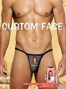Custom Men Black Net Trim Thong Underwear, Personalized Face ID Print Sexy Breathable Lingerie, Intimate Valentine's Day Gift