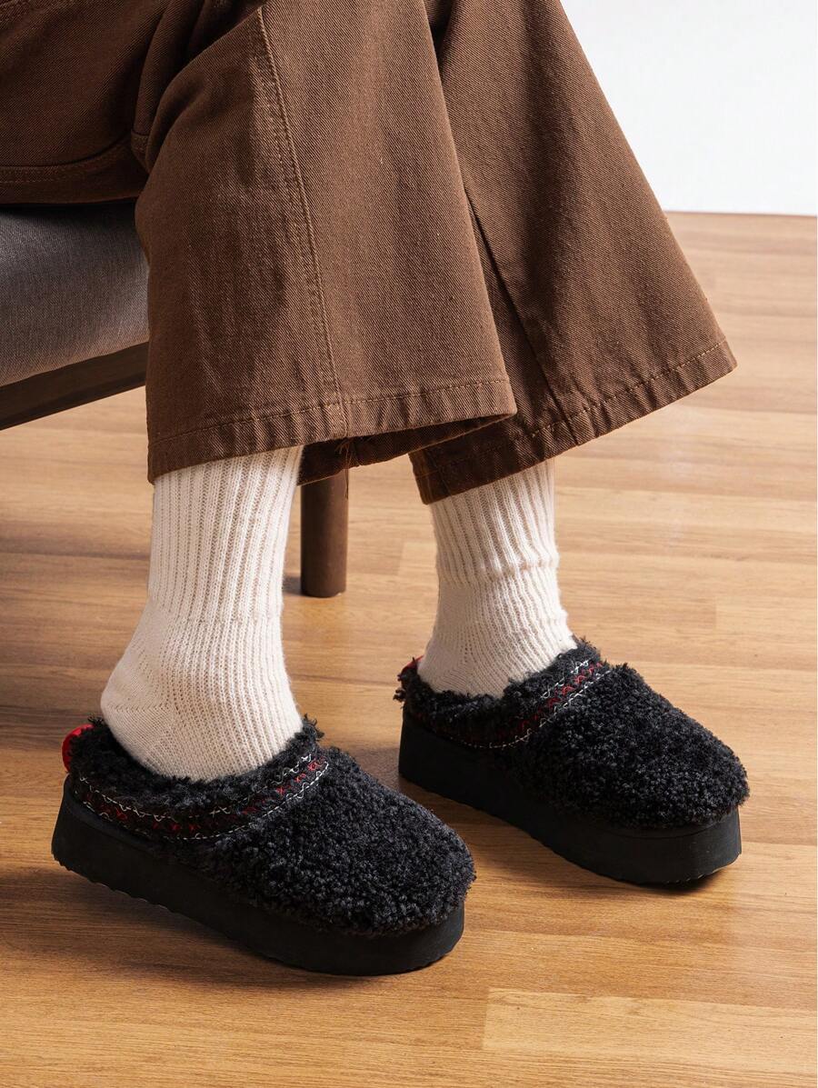 Women's Slipper Boots Short Ankle Platform Heighten Faux Fur Lining Snow Slippers Classic EVA Anti-Slip Outdoor Winter Furry Fuzzy Shoes For Valentine's Day Gift - màu đen - Xem 1