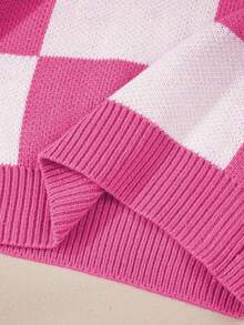 圆领格纹主教袖优雅毛衣，长袖上衣