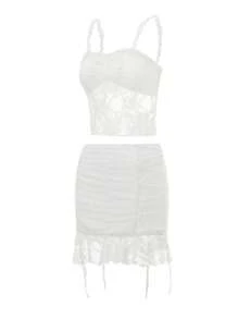 Conjunto de falda para mujer, camisola de encaje con espalda descubierta y minifalda ajustada, atuendo de verano para fiesta y club. - Blanco - Ver 6