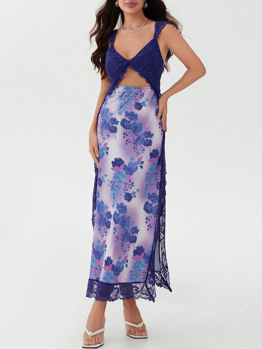 Women's Y2K Summer Bodycon Maxi Dress Floral Print Lace Patchwork Long Dress Sleeveless Backless V Neck Party Dress Beach Vacation Sundress - 藍色 - 查看 1