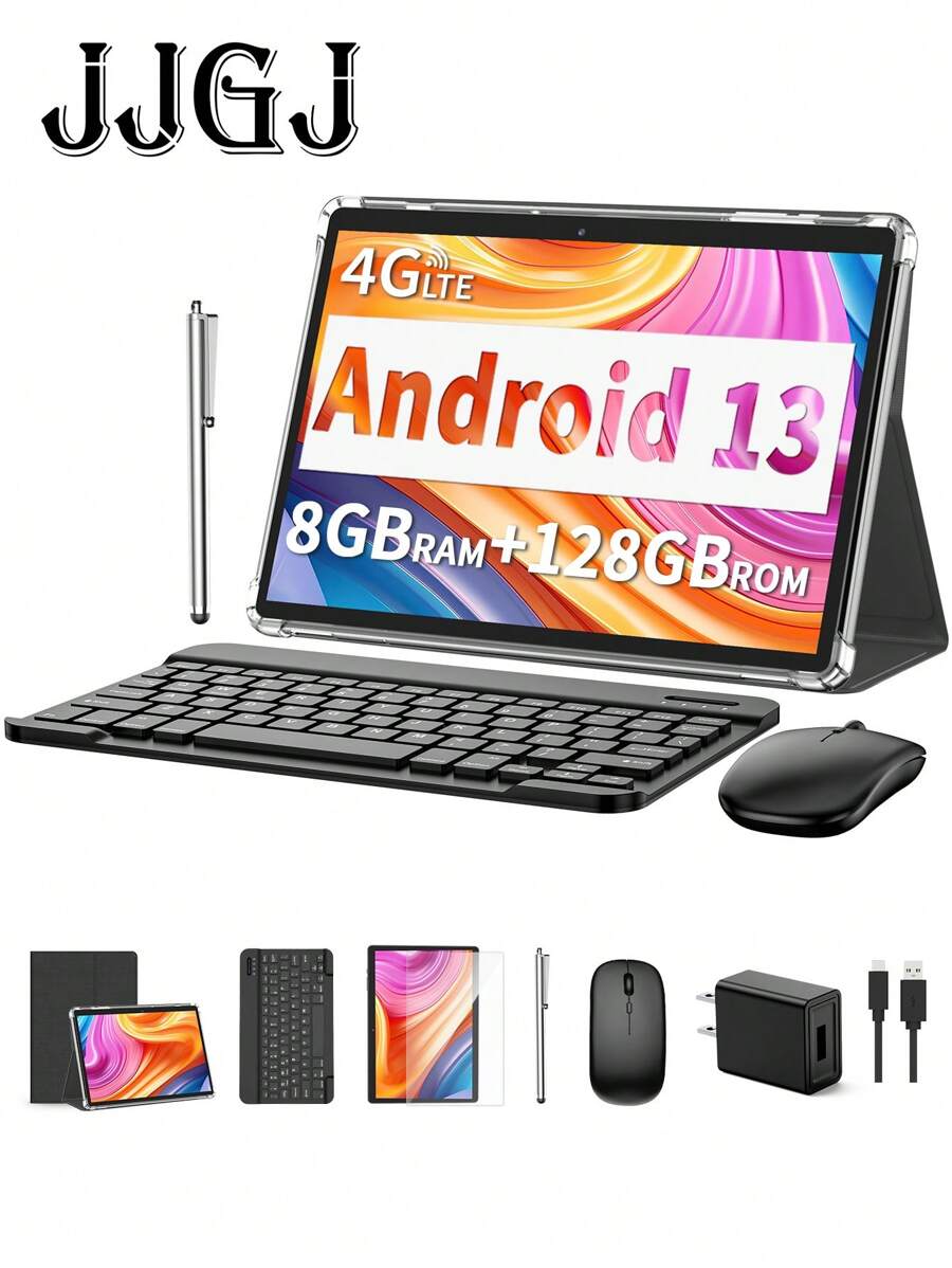JJGJ Tablet Android,10 Inch Android 13 Tablet Pc , Support SIM Cards,8GB RAM 128GB ROM, 1TB Expand, 5G WiFi, 4G/LTE, Wireless, 6000mAh Battery, GMS Certified, 2 In 1 Tablet With Keyboard,And Mouse, Case, Stylus - màu đen - Xem 1