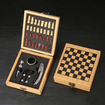 1 Set de Caja de Bambú y Madera Combinación Abridor de Vino, Kit Premium de Abridor de Botellas de Vino, Juego de Herramientas de Accesorios de Vino, Abridor de Vino con Tablero de Ajedrez, Regalo de Navidad