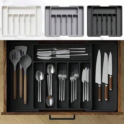 1pc Cutlery Storage Box, Retractable Cutlery Storage Tray, Suitable For Kitchen Drawers, Color Boxes, Silverware Nail Storage Boxes, Spoons, Forks, Knives, Chopsticks, Large Storage Boxes