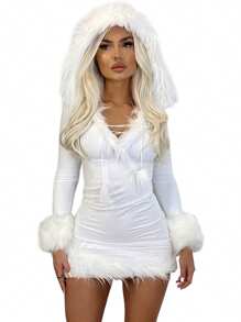 Christmas Costume For Women Mrs Claus Santa Outfit Fancy Fur Trim Dress Suit Xmas Cosplay Party Costumes Plush V-Neck Hooded Skirt Dress