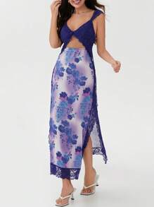 Women's Y2K Summer Bodycon Maxi Dress Floral Print Lace Patchwork Long Dress Sleeveless Backless V Neck Party Dress Beach Vacation Sundress - 藍色 - 查看 3