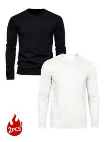 两件装男士休闲长袖T恤，简约时尚，适合日常穿着和旅行 - 黑與白 - 查看 7