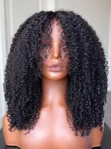 180% 密度卷发假发，带刘海，适合派对和日常生活，22 英寸，最适合 4x4 的自然卷发假发，蕾丝闭合前部假发，真人发假发，漂白结，预拔透明蕾丝，适合所有皮肤 - 黑色 - 查看 4