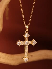 1pc 18K Gold Plated Luxurious Cross Design Necklace With 5 Big Rhinestones, Suitable For Party, Everyday Wear, Gift For Partner - Yellow Gold - View 3