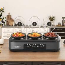 Sunvivi Triple Slow Cooker, Buffet Food Warmer With Three 1.5-Quart Removable Ceramic Pots, Buffet Servers And Warmers With Glass Lids And 3 Spoons, Stainless Steel, Grey - US A Type Plug(110-127V) - View 2