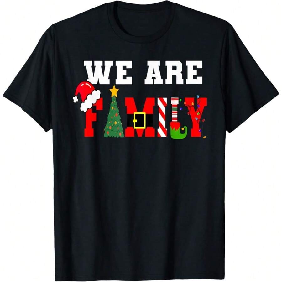 We Are Family Christmas Pajamas Funny Matching Xmas T-Shirt, Women's Casual Short Sleeve Round Neck T-Shirt - Black - View 1