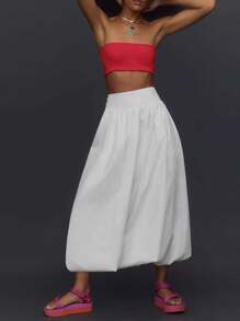 Women Y2k Bubble Maxi Skirt Summer Elastic Low Waist A Line Long Skirt Casual Fairy Ruffle Pleated Midi Dress - 白色 - 查看 3
