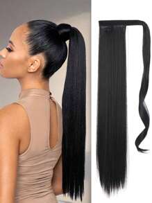 自然黑色馬尾26英寸逼真長款直發假髮馬尾圍裹假髮直發馬尾 - 黑色 - 查看 1