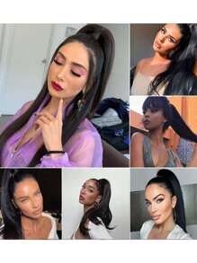 自然黑色馬尾26英寸逼真長款直發假髮馬尾圍裹假髮直發馬尾 - 黑色 - 查看 6