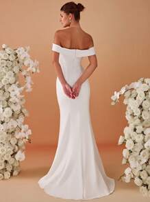Sexy Off-Shoulder High Slit Mermaid Wedding Dress White Elegant Bridal Dress - White - View 2