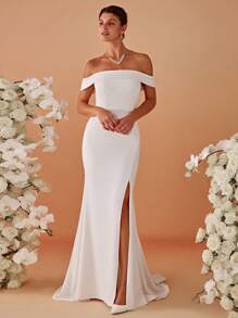 Sexy Off-Shoulder High Slit Mermaid Wedding Dress White Elegant Bridal Dress - White - View 5