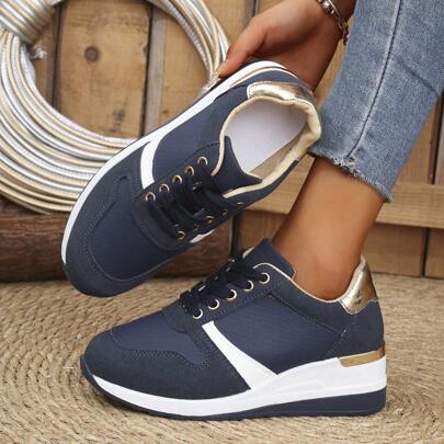 Blue & White Patchwork Fish Scale Pattern Women's Casual Platform Lace-Up Sports Shoes