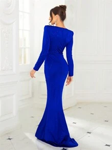 Romagic Long Sleeves Rhinestones Evening Gown With Padded Shoulder Round Neck Modest Floor Length Mermaid Formal Prom Party Dress,Wedding Guest - Royal Blue - View 6