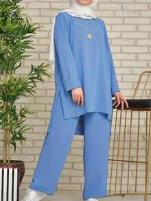女式阿拉伯风格两件套纯色长袖上衣和长裤