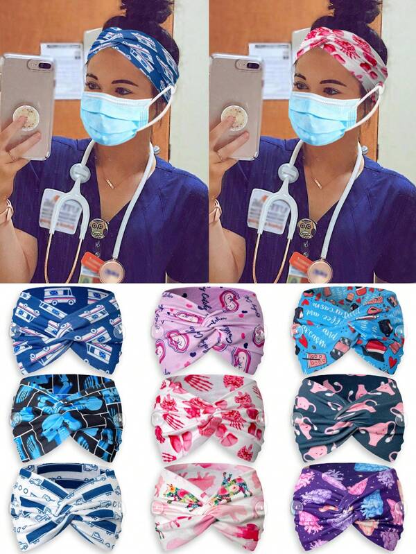 1 pieza Bandana de mujer, nueva cinta elástica médica cruzada para el cabello, máscara antiopresión con botón, estampado de dibujos animados de corazón de ambulancia, cinta deportiva antitranspirante, cinta elástica médica y de fitness unisex, cinta deportiva transpirable y antideslizante, accesorios de moda para el cabello