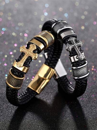 SeuSuk 1 pieza Brazalete cruzado negro clásico tejido a mano, joya casual encantadora unisex accesorio religioso amuleto