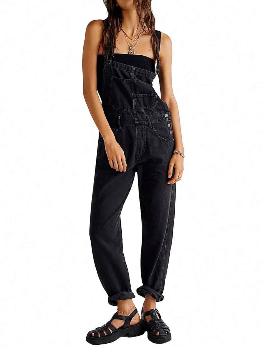 Women Denim Long Jumpsuit Casual Spaghetti Strap Wide Leg Romper Pants Summer Baggy Bib Overalls - 黑色 - 查看 1