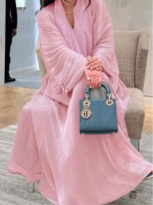 Solid Color Button Pleated Long Sleeve Simple Long Abaya, Casual Daily Wear, Modest Robe Abaya - Pink - View 6