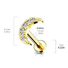 1PC CZ Paved Crescent Moon Top On Internally Threaded 316 Stainless Steel Flat Back Studs For Earring, Labret, Monroe, Cartilage And More