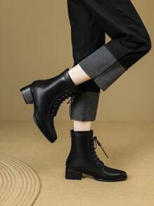 Women's Fashion Square Toe Lace-Up Short Boots, Chunky Heel Zipper Back Boots, Black, Mid-Heel, Autumn/Winter