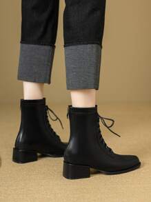 Women's Fashion Square Toe Lace-Up Short Boots, Chunky Heel Zipper Back Boots, Black, Mid-Heel, Autumn/Winter