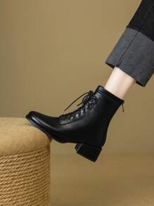 Women's Fashion Square Toe Lace-Up Short Boots, Chunky Heel Zipper Back Boots, Black, Mid-Heel, Autumn/Winter