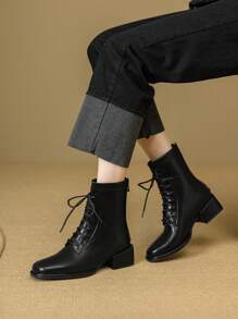 Women's Fashion Square Toe Lace-Up Short Boots, Chunky Heel Zipper Back Boots, Black, Mid-Heel, Autumn/Winter