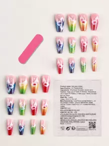 24入組中長款芭蕾舞裝飾指甲貼+1支果凍膠+1把指甲檔，彩色花朵閃爍風格貼式指甲用品 - 彩色 - 查看 2