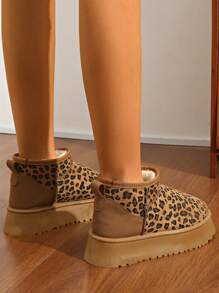Botas de nieve con estampado de leopardo de moda, de suela gruesa y cortas para el invierno - Marrón - Ver 5