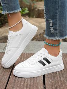 1 Pair Of New Little White Shoes For Teenagers, Designed With Pu Leather Straps, Suitable For Unisex Couples For Daily Leisure Walking And Outdoor Sports - White - View 3