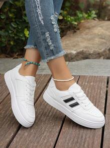 1 Pair Of New Little White Shoes For Teenagers, Designed With Pu Leather Straps, Suitable For Unisex Couples For Daily Leisure Walking And Outdoor Sports - White - View 2