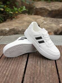 1 Pair Of New Little White Shoes For Teenagers, Designed With Pu Leather Straps, Suitable For Unisex Couples For Daily Leisure Walking And Outdoor Sports - White - View 5