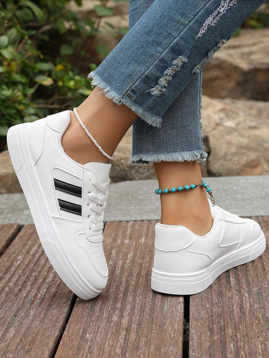 1 Pair Of New Little White Shoes For Teenagers, Designed With Pu Leather Straps, Suitable For Unisex Couples For Daily Leisure Walking And Outdoor Sports - White - View 1