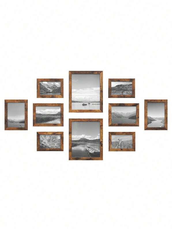 SONGMICS Marcos de Collage de Fotos Juego de 10 Dos de 236 x 286 cm Cuatro de 16 x 211 cm Cuatro de 134 x 185 cm Marcos para Fotos Frente de Cristal Transparente Marrón Rústico